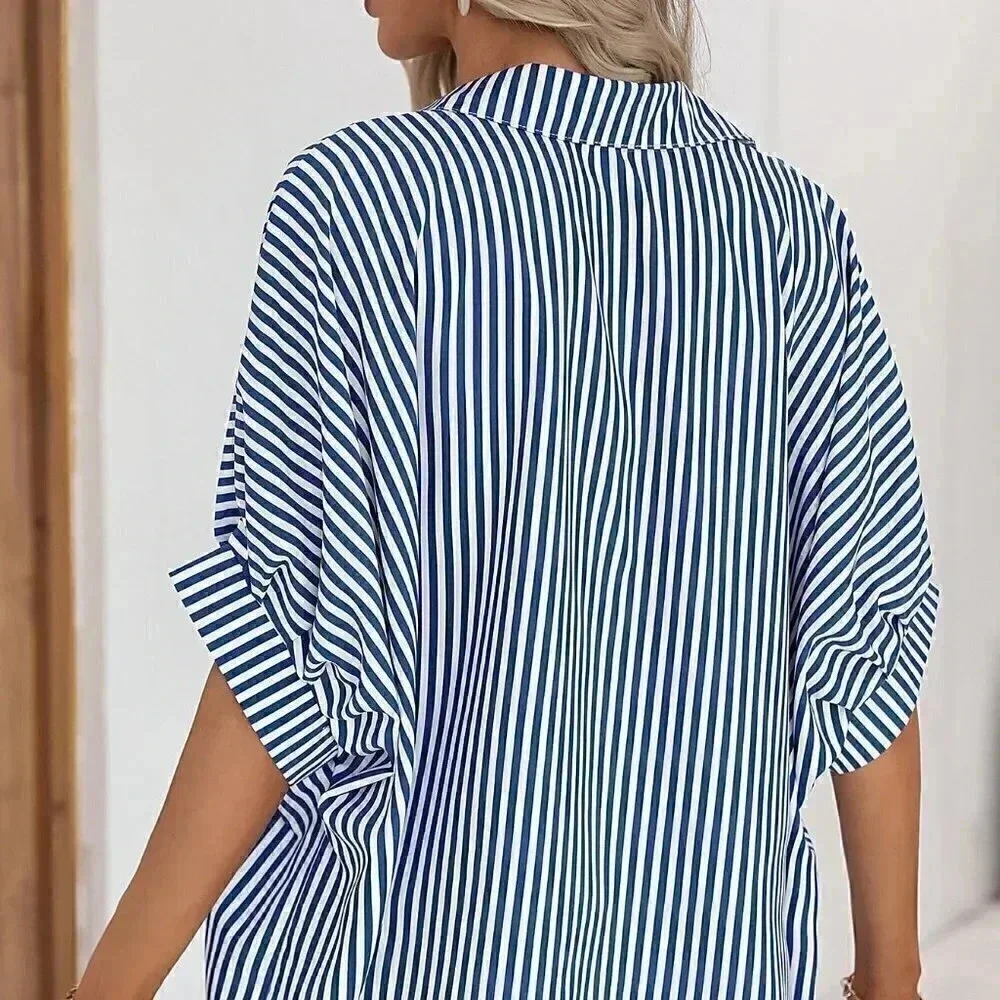 Blue & White Casual Womens Striped Print Batwing Sleeve Shirt - Picture 2 of 5